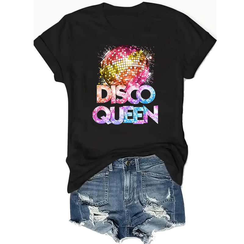 

Women's Plus Size T-shirt, "disco Queen" Graphic, Casual Short Sleeve, Round Neck, Polyester, Stretch Knit Fabric, Geometric Pattern, Fashion Top For All