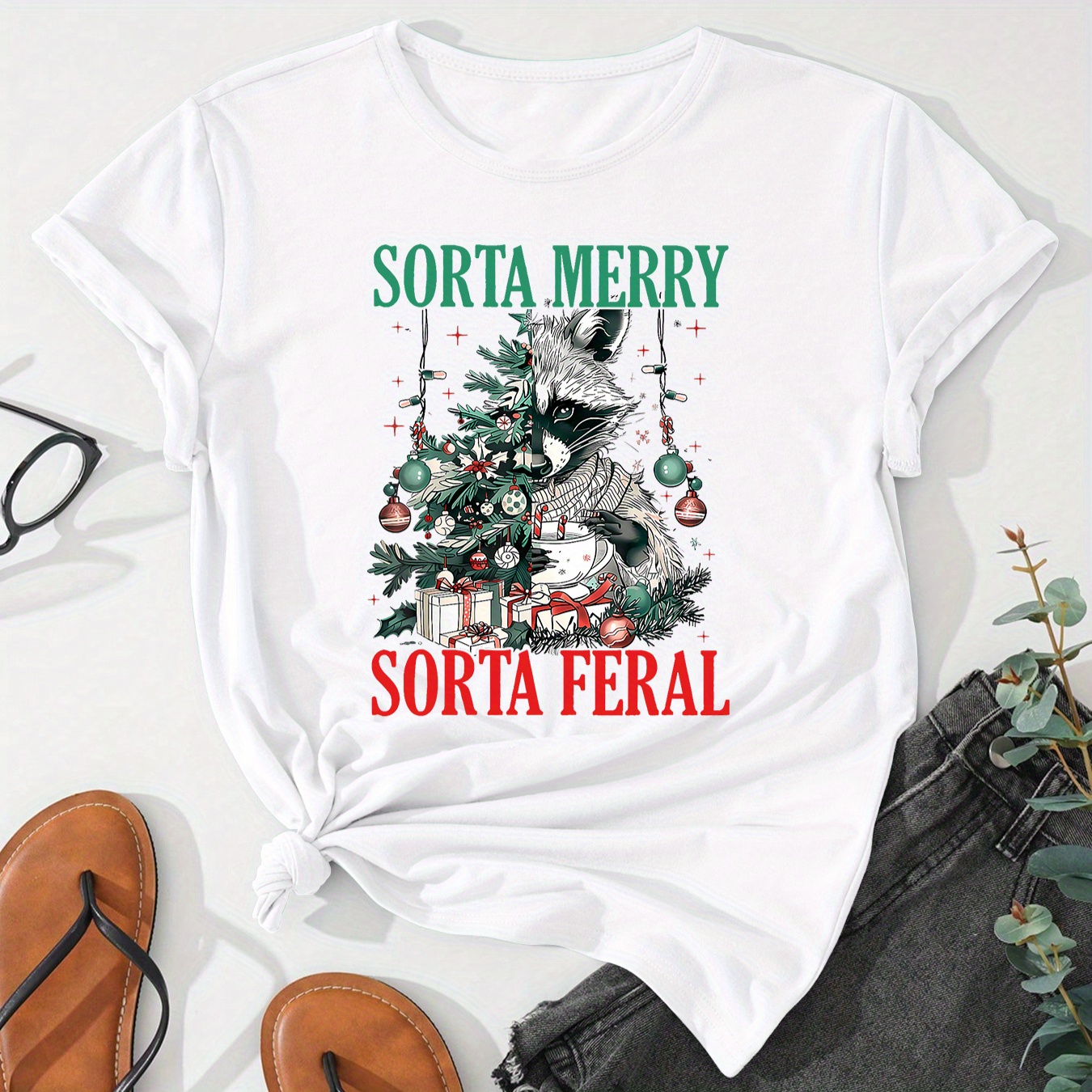 

Christmas Raccoon And Tree Print T-shirt For Women - Casual Short Sleeve Polyester Knit Fabric, Round Neck, H-fit, Comfort, Pad - Merry Feral Design