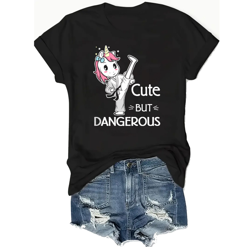 

Women's "cute But " Unicorn Taekwondo Graphic Tee - Black Crew Neck Short Sleeve, Soft Polyester , Casual Loose Fit, Sizes 0xl-4xl