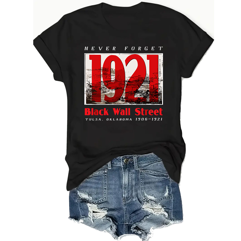 

Plus Size Crew Neck T-shirt With 1921 Black Graphic, Polyester Knit Fabric , Casual Short Sleeve Tee For All - Slight Stretch, Historic