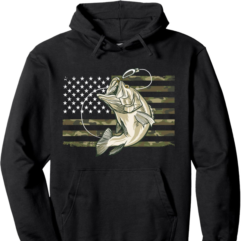 

Fishing Camouflage Us American Flag Bass Fish Fisherman Camo Pullover Hoodie - With Drawstring Hoodies, For Casual Wear