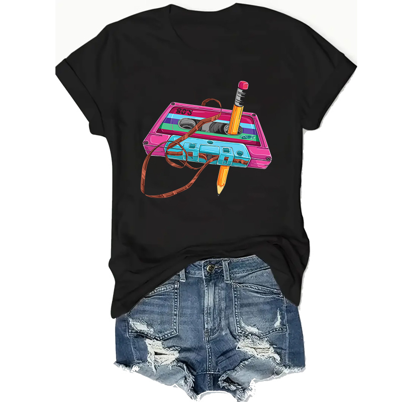 

Women's Plus Size Vintage Cassette Tape & Pencil Graphic T-shirt, Casual Crewneck Short Sleeve Summer Top, Knitted Stretch Fabric, Polyester Tee