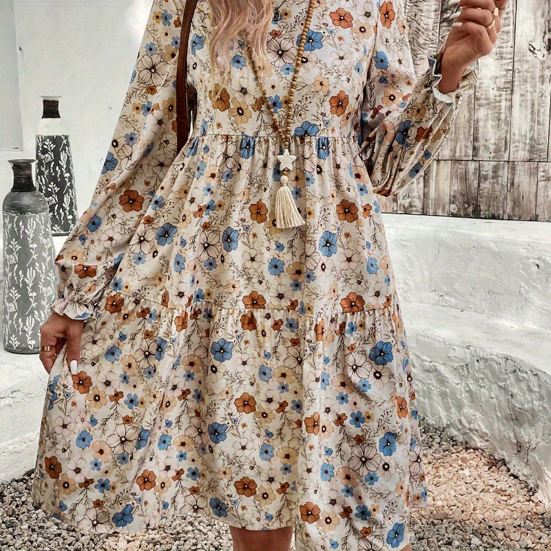 

Robe imprimée fleur pour femme, robe en polyester à col rond et manches longues en de A, tenue chic pour toutes les