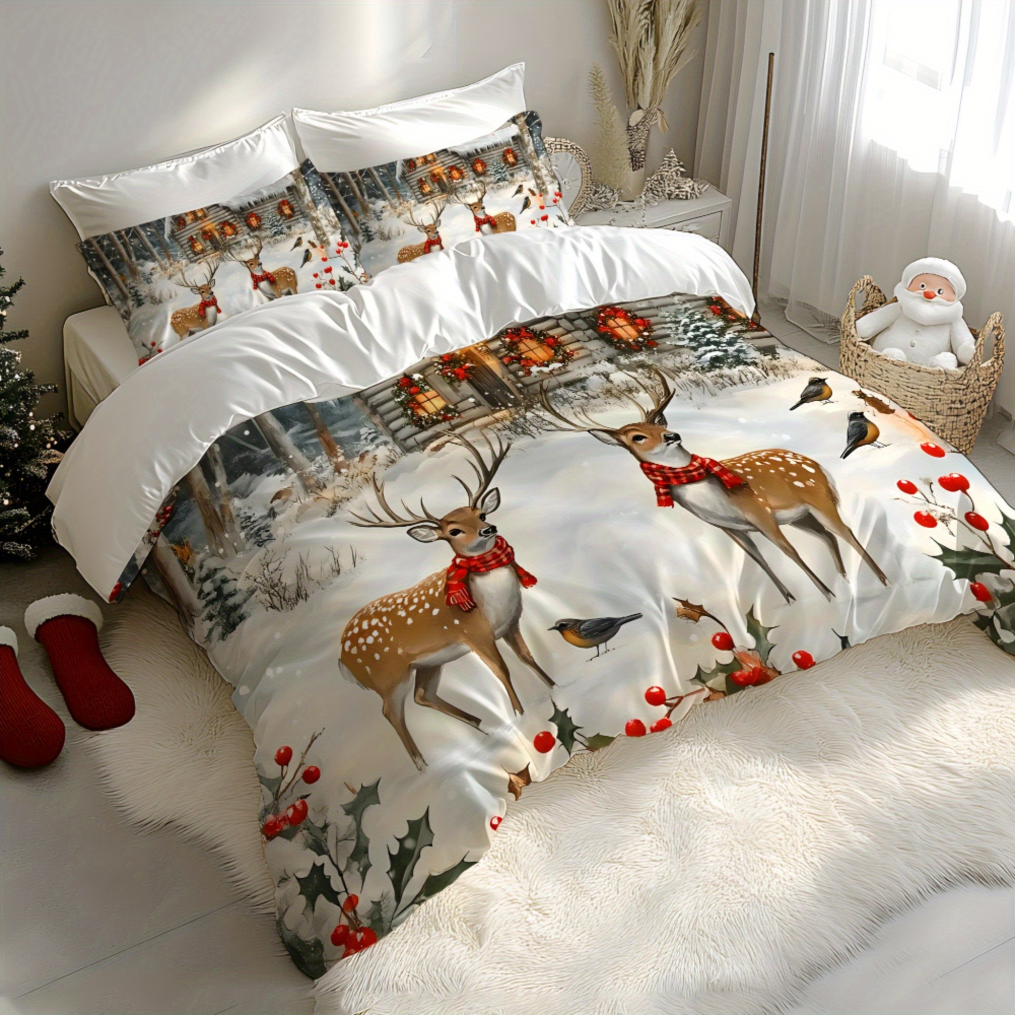 TEMU Kit de Housse de Couette 2/3pcs Noël, Père Noël, Traîneau, , de Neige de Neige, Motif Cadeau Super Brossé Impression Numérique Kit de Literie