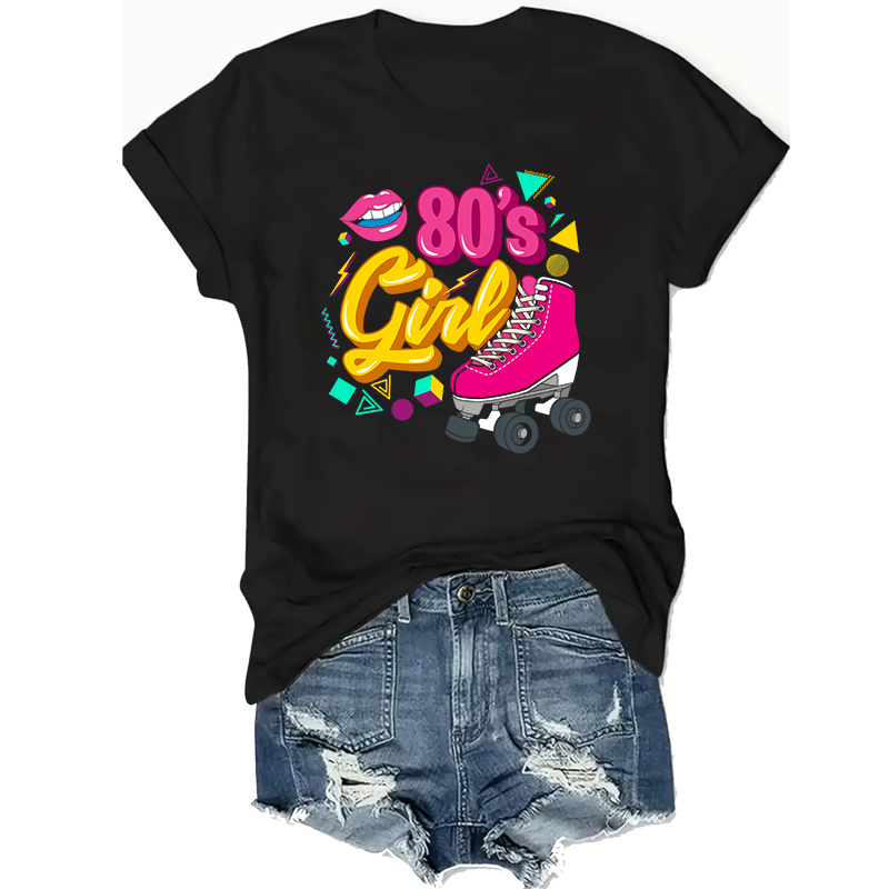 

Plus Size 80's Girl Print T-shirt, Casual Crew Neck Short Sleeve Top For , Women's Plus Size Clothing