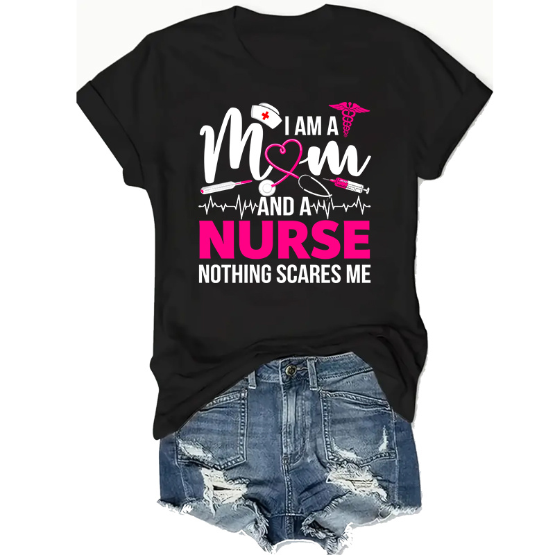 

Plus Size Crew Neck T-shirt For Women - Polyester And Elastane , Slight Stretch Fabric, Casual Short Sleeve Graphic Tee With "i Am A Mom And A Nurse Scares Me" Print, Knit Fabric - All Season