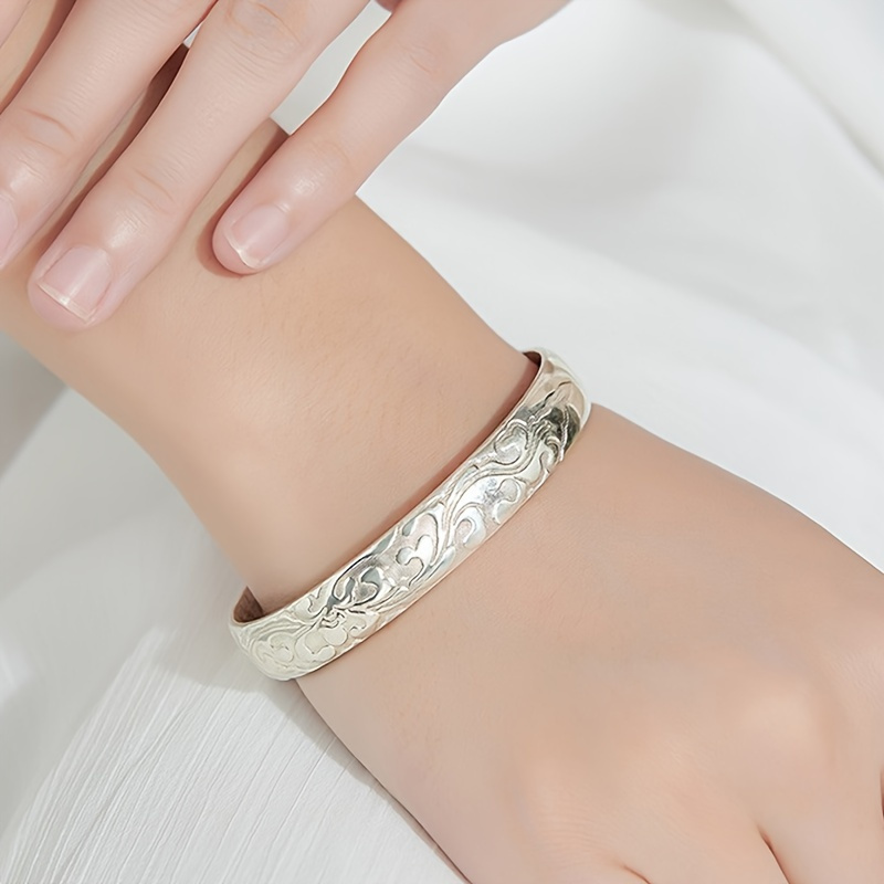 

1pc Classic Floral Pattern 925 Sterling Silver Open Cuff Bracelet, Silver Plated, Fit For Party & Gift , Gift