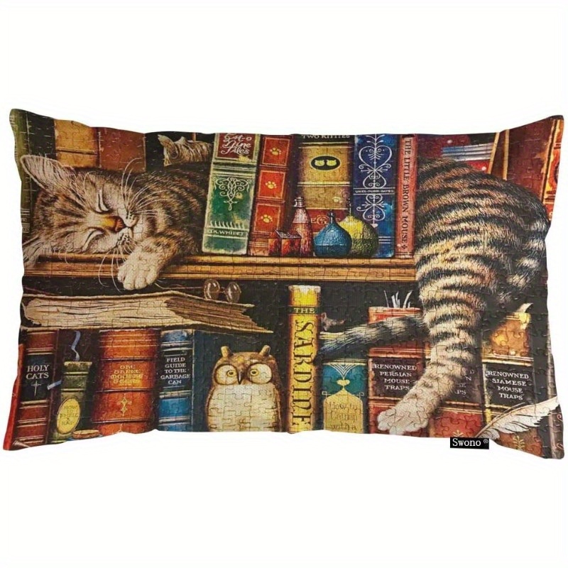 

Vintage Cat On Bookshelf Throw Pillow Cover, Hand Washable Linen Decorative Cushion Case With Zipper Closure For Room Types, 1pc Rectangle Pillow Cover For Living Room, Bedroom, And Sofa - No Insert