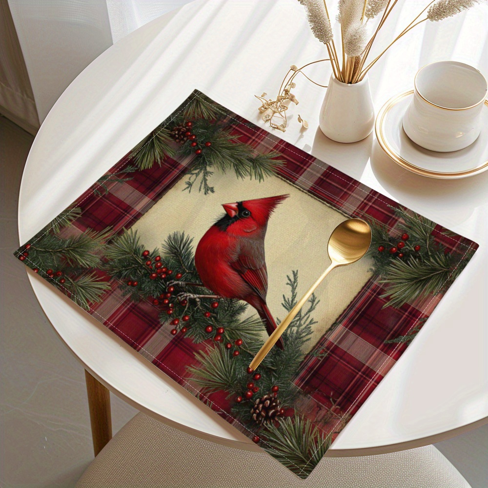 

4pcs Christmas Theme Placemats - Bird & Pine Leaves Pattern, Stain Resistant Dining Table Pads, Machine Washable, Kitchen Tabletop Protection, Christmas Home Decor