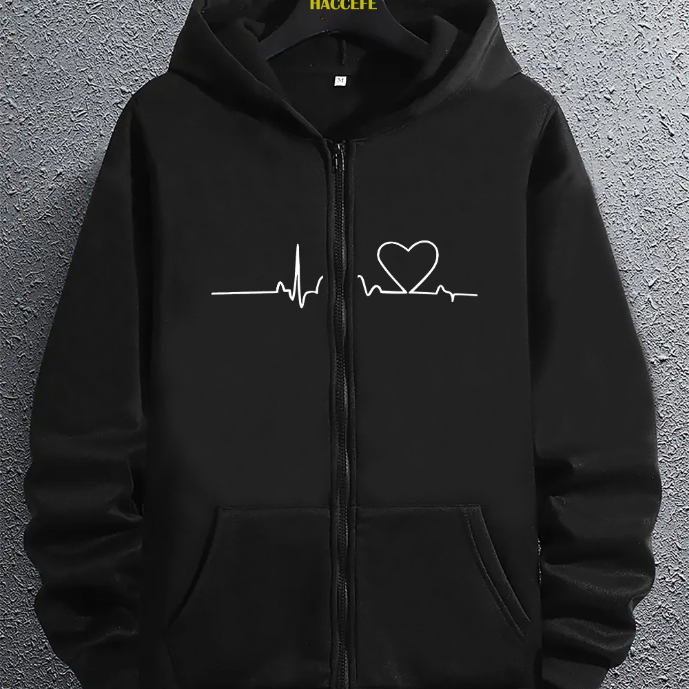 

Men's Casual Geometric Heartbeat Hoodie - Polyester Knitted Zip-up Hooded Sweatshirt With Kangaroo Pocket, Regular Fit Long Sleeve Jacket For All