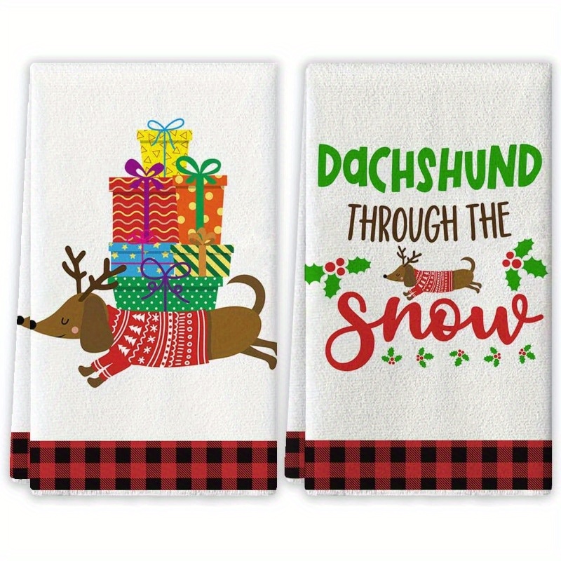 

2-pack Dachshund Christmas Kitchen Towels, Woven Polyester Dish Cloths, Modern Cartoon-themed Soft Absorbent Towels, Machine Washable, For Home Party Decorations 18x26 Inches