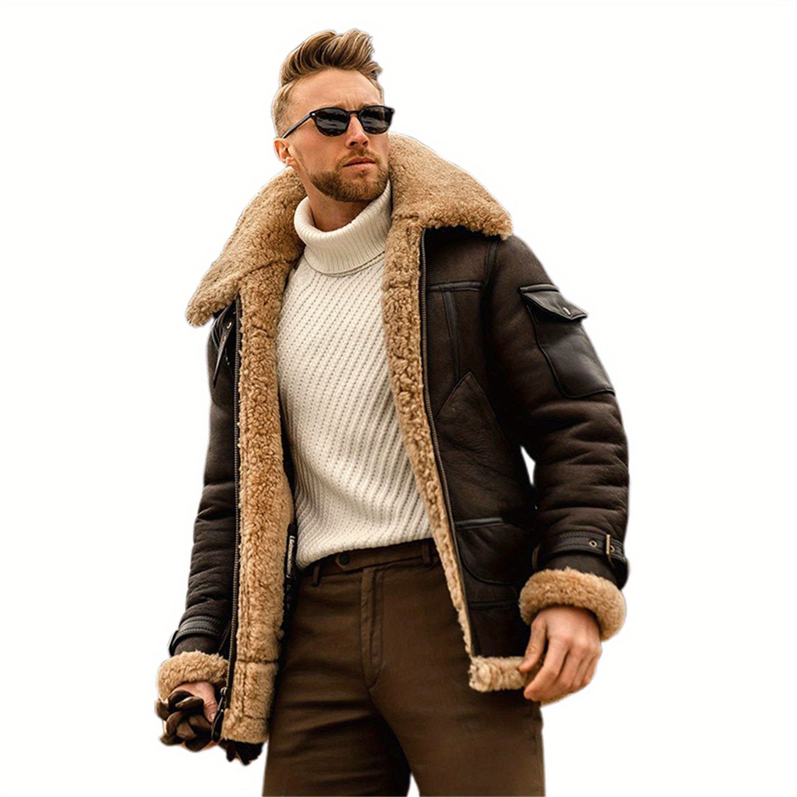 

Men's Zip Up Leather Jacket Woolen Fleece Long Sleeve Color Pockets Lapel Neck Casual Coat