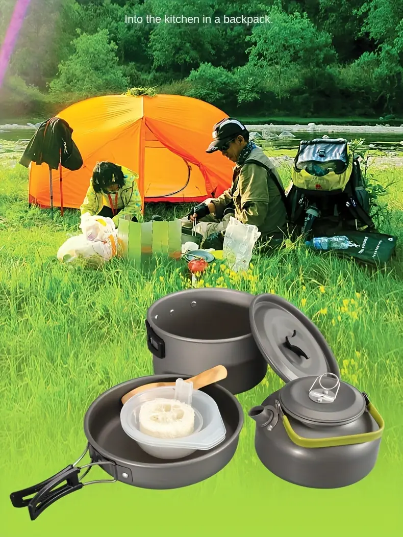 набор алюминиевой походной посуды, антипригарный чайник, кухонные принадлежности для пикников, барбекю, детали 0