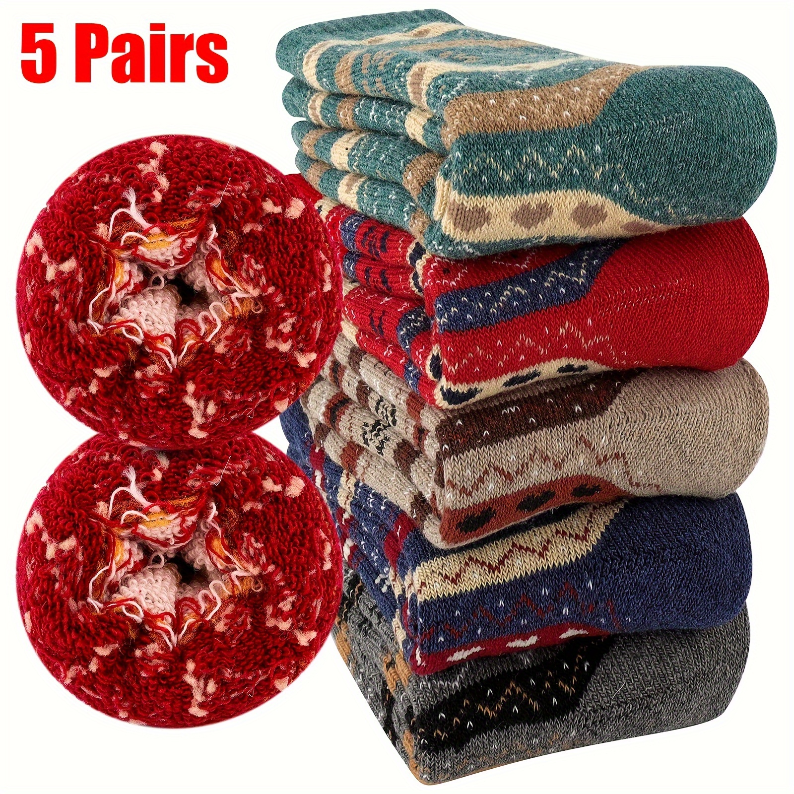 

5 Pairs Of Men's Warm Plush Socks, Comfortable Vintage Knitted Socks, Suitable For /hiking/christmas Gifts.