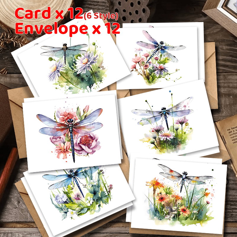 

A Set Of 24 Watercolor Dragonfly Greeting Cards With Envelopes - Suitable For All As Thank You, , , Weddings, And Valentine's Day Cards, Anyone.