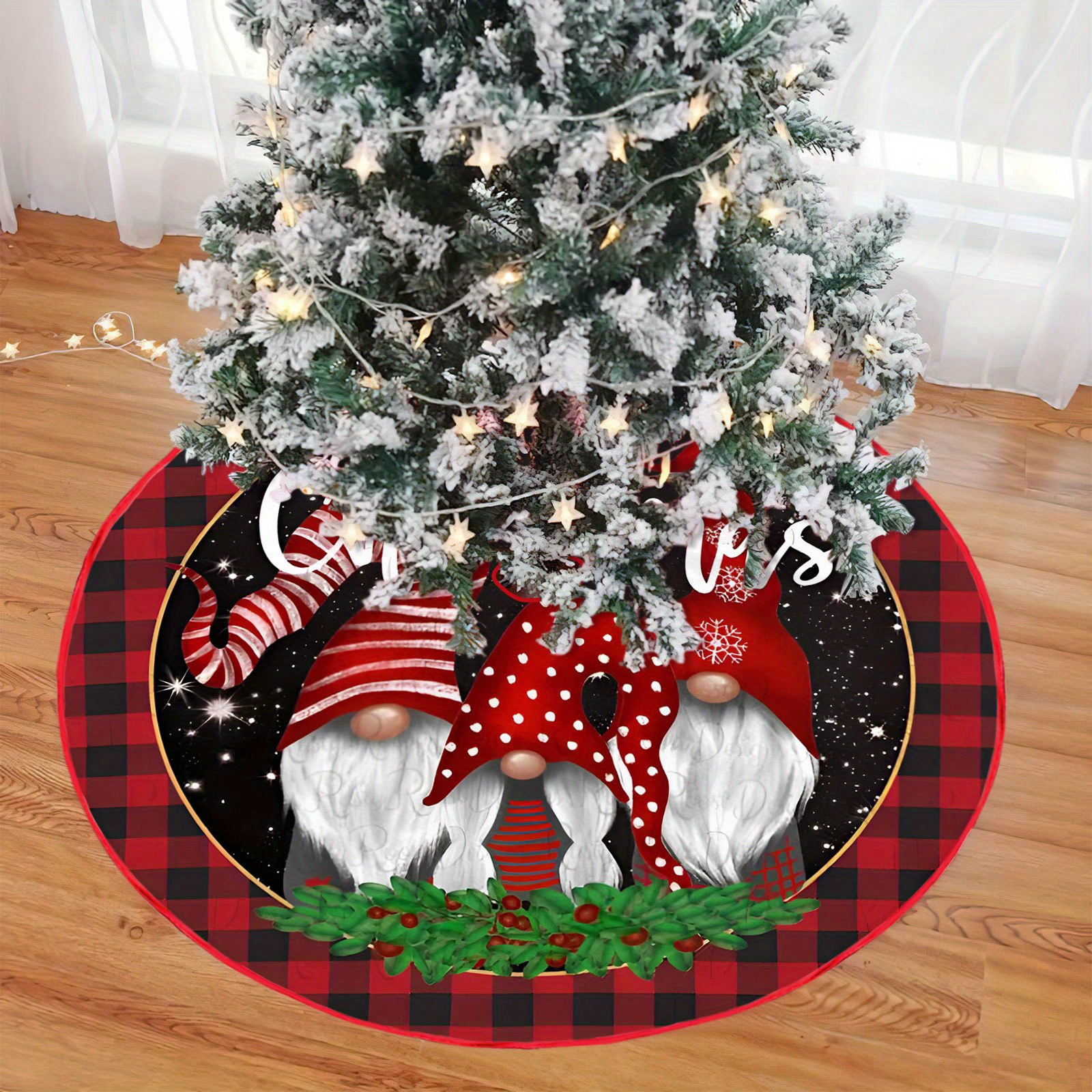 

1pc Christmas Tree Skirt - & Holly Design, With Golden , 100% Polyester, Round Holiday Decor For Home & Theme Parties, Christmas Decor