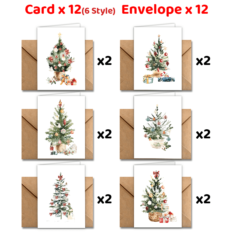 

24pcs Watercolor Christmas Tree Greeting Cards With Envelopes - Holiday, New Year & Thank You Notes