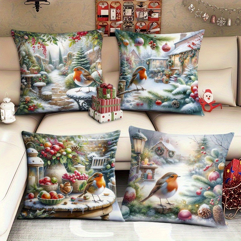 

4pcs Vintage Linen Decorative Pillowcases With Red-breasted Bird And Snowy Branch Design, Zipper Closure, Woven Fabric For Christmas And Decor, Farmhouse Style