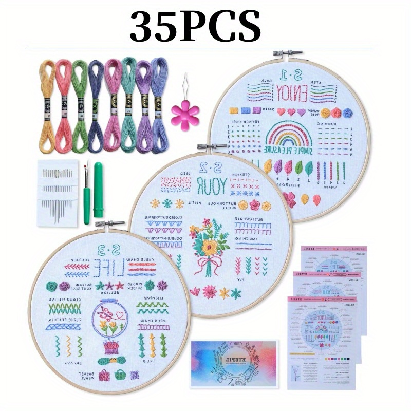 

35pcs New Handmade Embroidery Diy Kit, Includes 3 Embroidery Fabrics With Patterns, 1 Embroidery Hoop, 3 Instructions, 10 Color , 16 Embroidery Needles, 1 , 1 Seam .