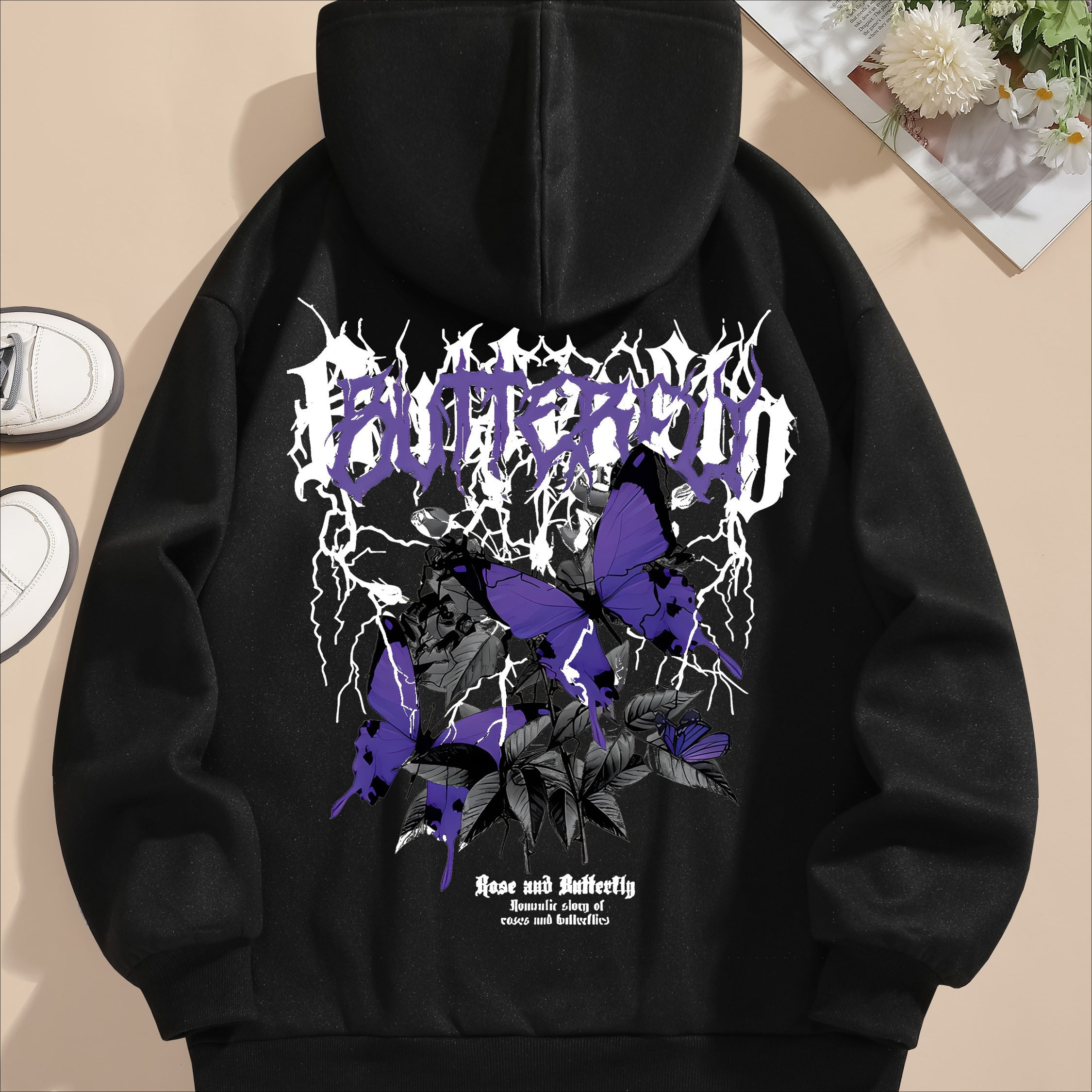 

Letter & Butterfly Print Hoodie, Drawstring Long Sleeve Casual Hooded Sweatshirt For Winter & Fall, Women's Clothing