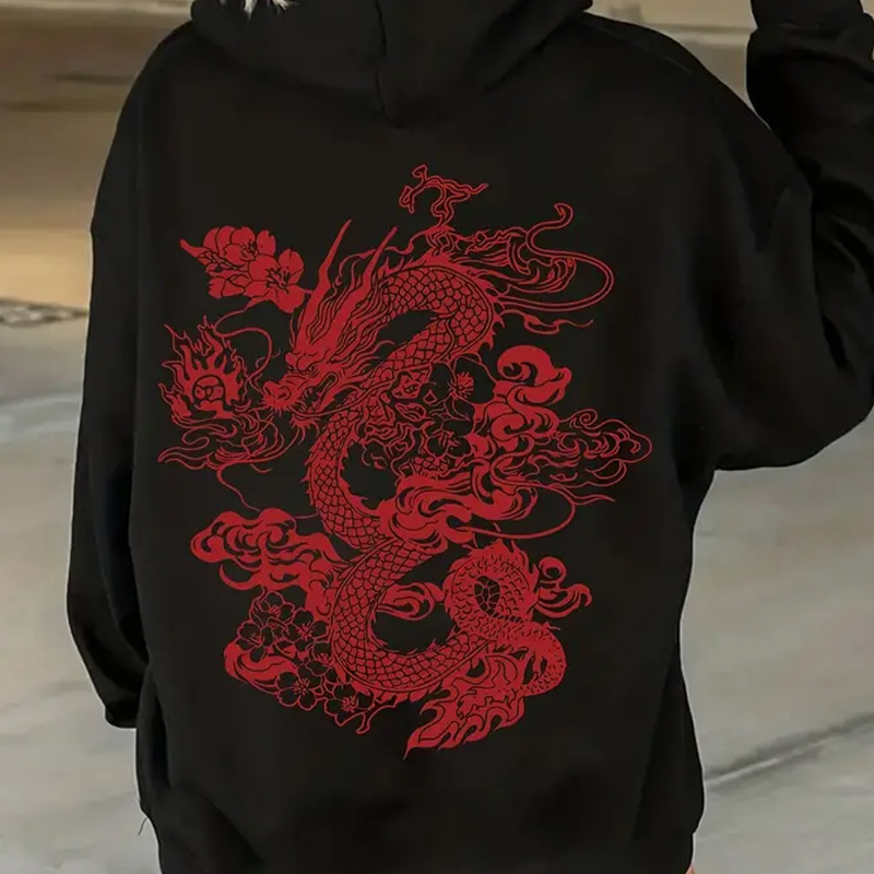 

Sweat à Capuche Grande Taille pour Femme avec Imprimé Dragon - Sweatshirt en Polyester Confortable avec Cordon de Serrage et Poche , Style Décontracté pour & l'Hiver