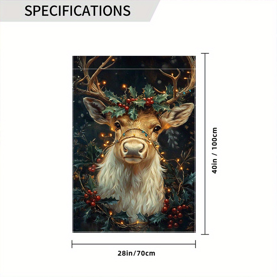 TEMU 1pc, Polyester Double-sided Christmas Flag - 28x40 Inch Festive Winter Reindeer & Holly Wreath Design, Decorative Outdoor Holiday Flag For Lawn