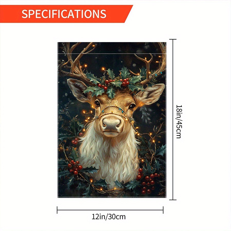 TEMU 1pc, Polyester Double-sided Christmas Flag - 28x40 Inch Festive Winter Reindeer & Holly Wreath Design, Decorative Outdoor Holiday Flag For Lawn