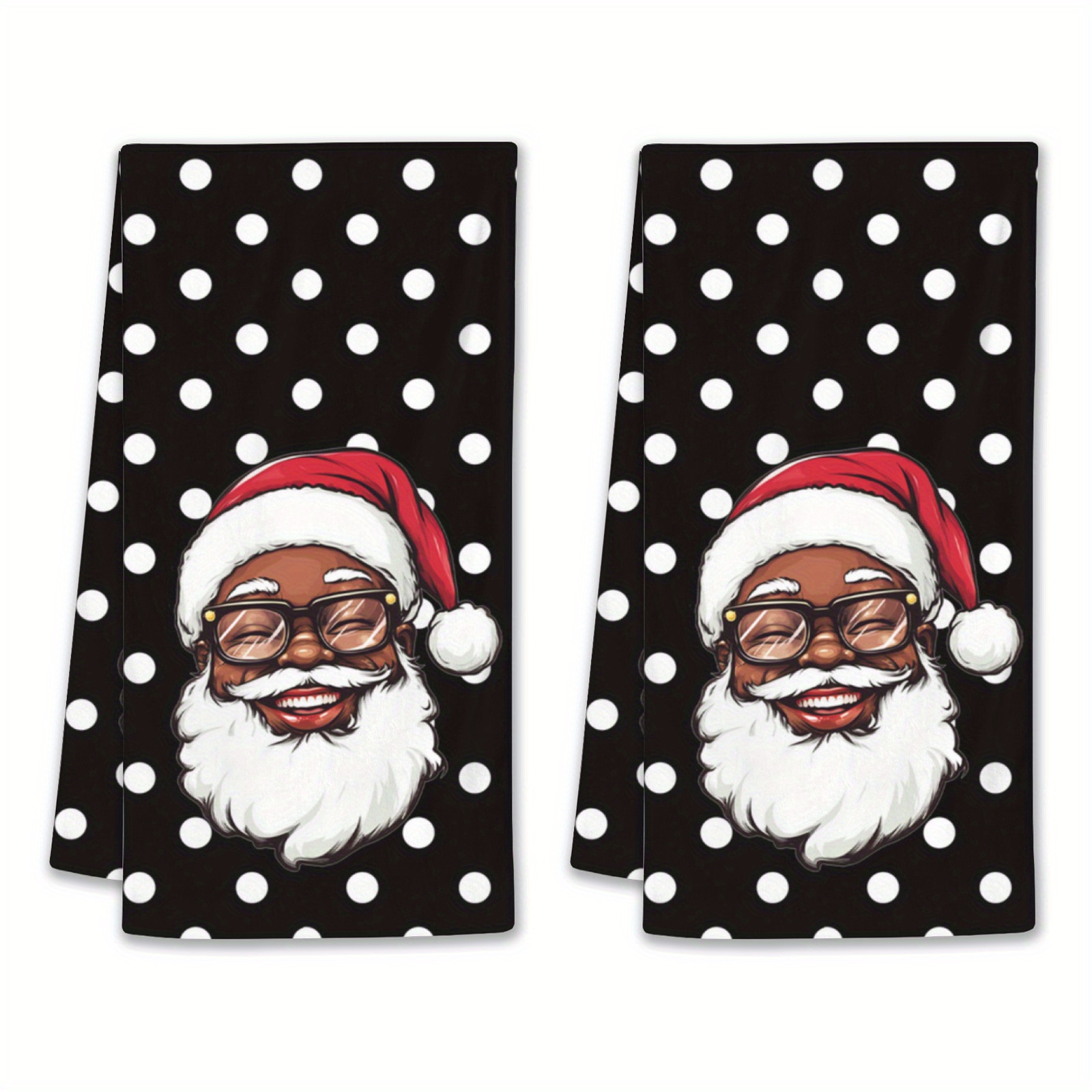 

2pcs Contemporary Cartoon Santa With Glasses & Red Hat, Black & White Polka Dot Kitchen Towels, Soft Polyester Dish Towels For Christmas, Washable, Rectangular, Home & Kitchen Decor