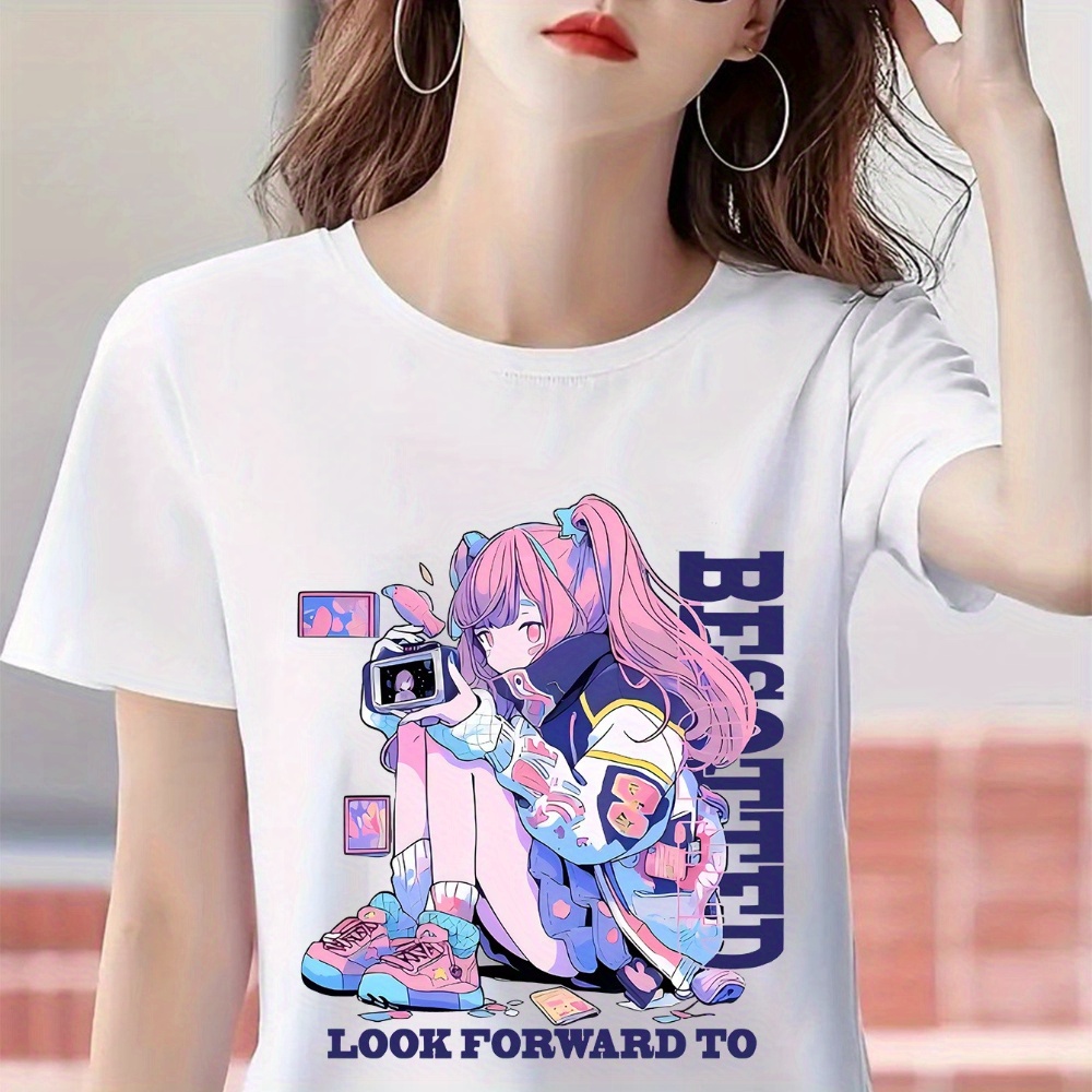 

Anime-inspired Women's T-shirt - Casual Round Neck Short Sleeve, Breathable Polyester Knit Fabric Top, Suitable For Spring/summer/fall