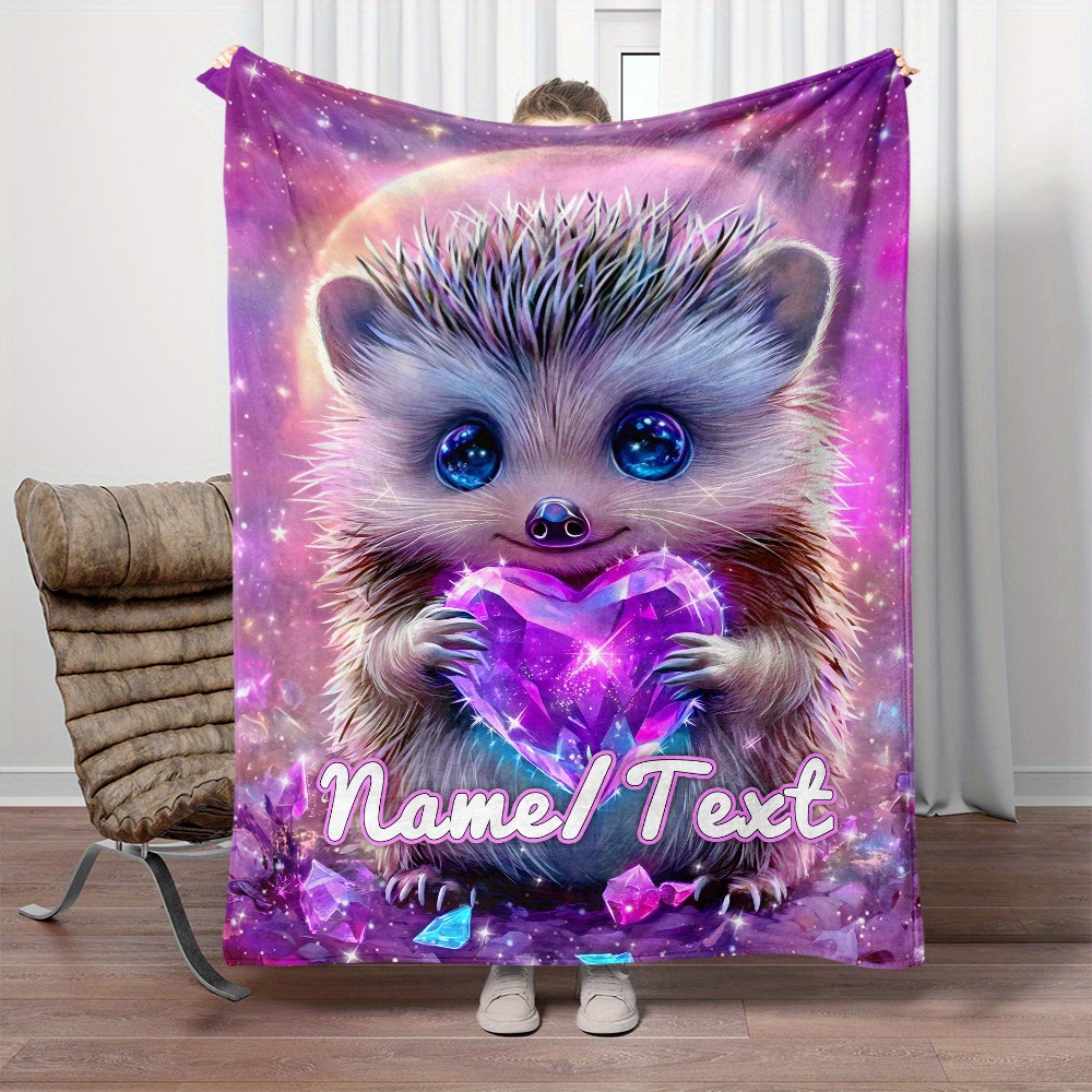 

Custom Name Hedgehog & Gem Print Soft Flannel Throw Blanket - Lightweight, Warm Fleece For Couch, Bed, Travel, Camping - In Multiple Sizes