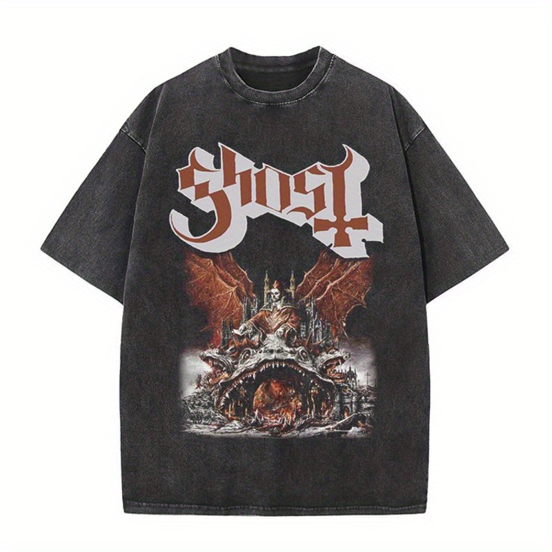 

Ewhghost Band Rock Metal Washed Old Men' Short Sleeve Loose Cotton Printed Fashion T-shirtdg004