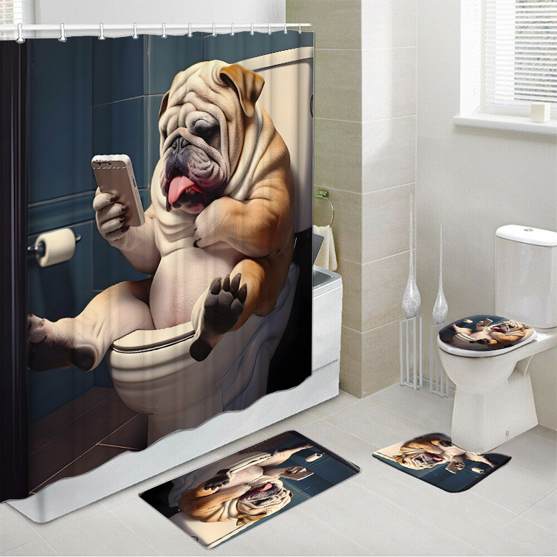 

Bulldog-themed Woven Polyester Bathroom Set With Non-slip Mats, Toilet Cover, Water-resistant Bath Accessories, 1pc/4pcs, Includes 12 Hooks - Only Home