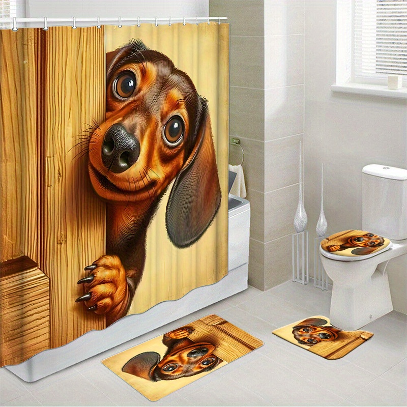 

1pc/4pcs Woven Polyester Bathroom Set With Non-slip Rugs, Toilet Cover, And Water-resistant Fashion Themed Bath Ensemble With Hooks For Home Decor - Dachshund Design, Only