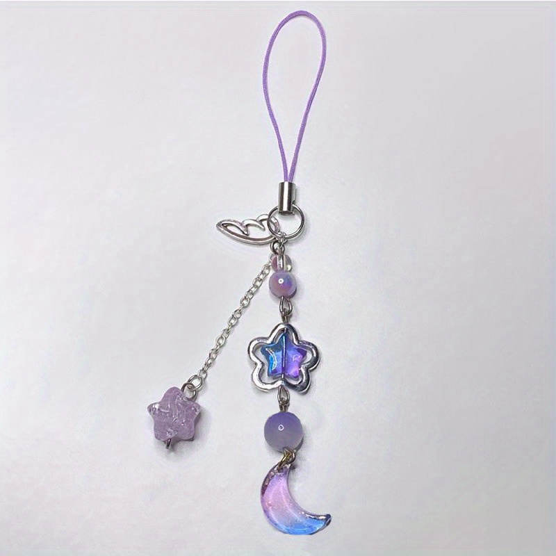 Image of 1pc Exquisite Flower Hollow Star Moon Crescent Fashion Beaded Alloy Silvery Purple Mobile Phone Chain Pendant For Women's Party And Daily Use