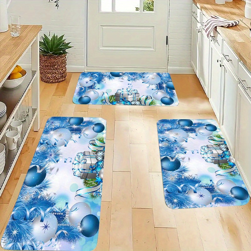 

1pc 1.1cm Thick Kitchen Mat, Blue Christmas Ball Pattern Print, Thickened, Anti-slip, Wear-resistant, Stain-resistant, Suitable For Kitchen, Living Room, Porch, Balcony And Home Decoration