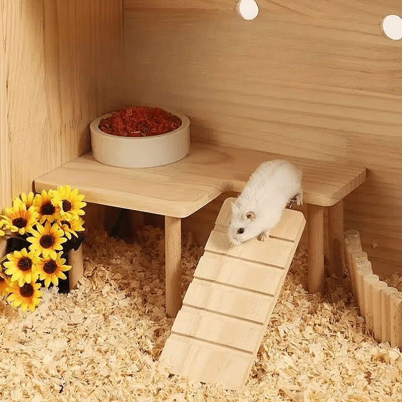 

1pc Wooden Hamster Habitat Playset With Ramp - Dual-level And Shelter For , Gerbils, And Small Rodents