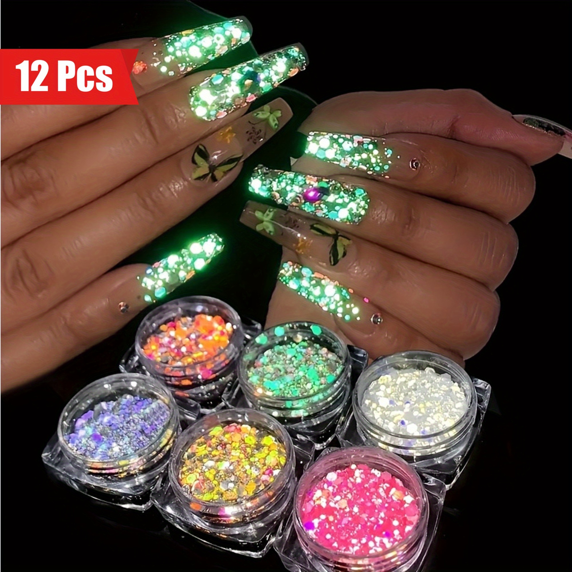 

12 Pcs Mixed Rainbow Hexagonal Glitter Powder - Glow In The Dark, Uv Black Light Reactive, Hypoallergenic, Chunky Nail Art Decorations For Festivals And Diy Nail Crafts