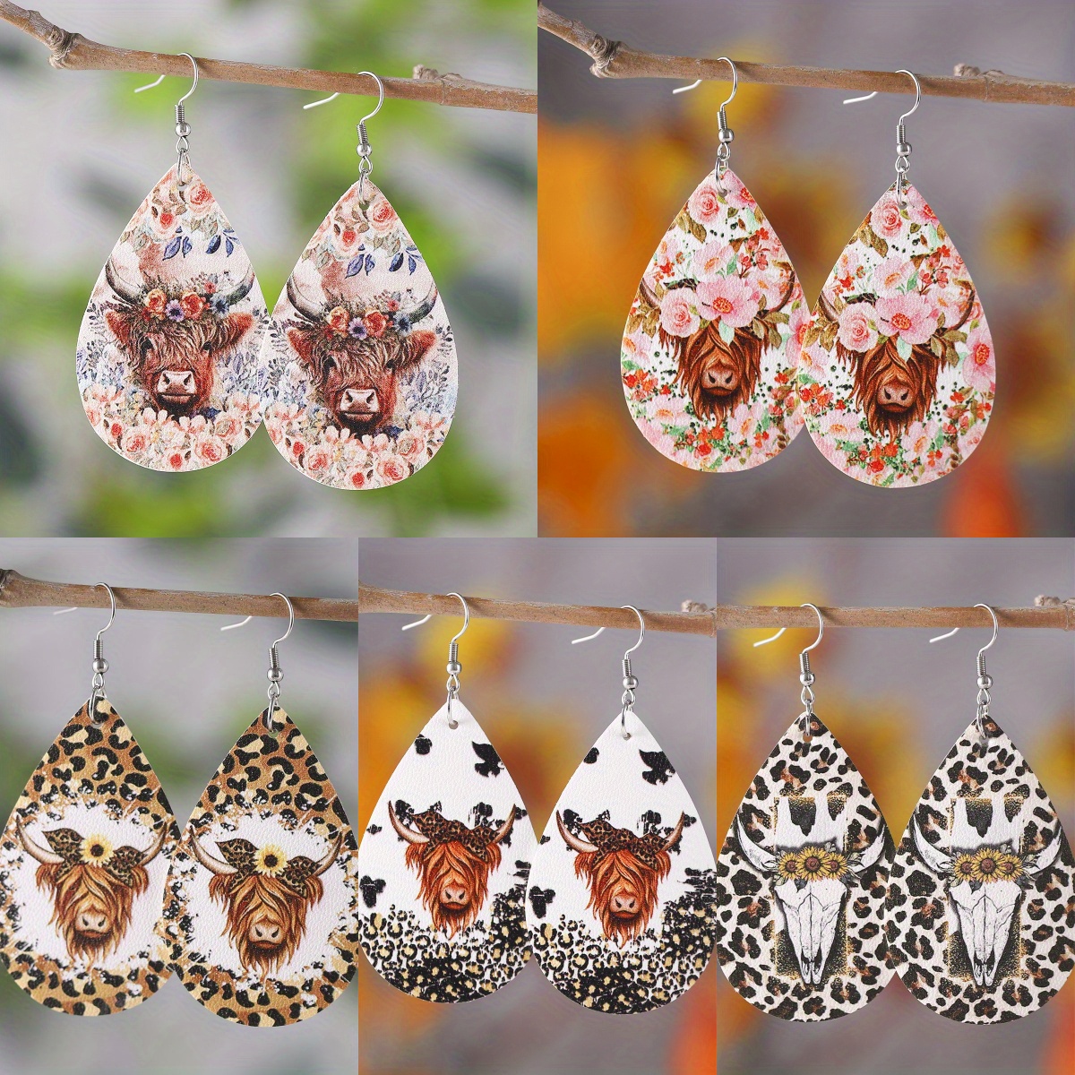 

1 Pair, 5 Pairs Western Cowboy Highland Cow Leopard Print, Flower Earrings, Double-sided Pupu Pu Leather Water Drop Earrings