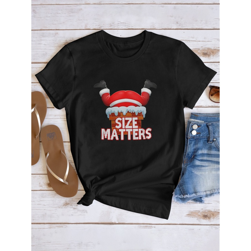 

Women's Christmas T-shirt, "size " Santa Print, Casual Short Sleeve, Round Neck, Polyester, Stretch Knit Fabric, Summer Fashion Top