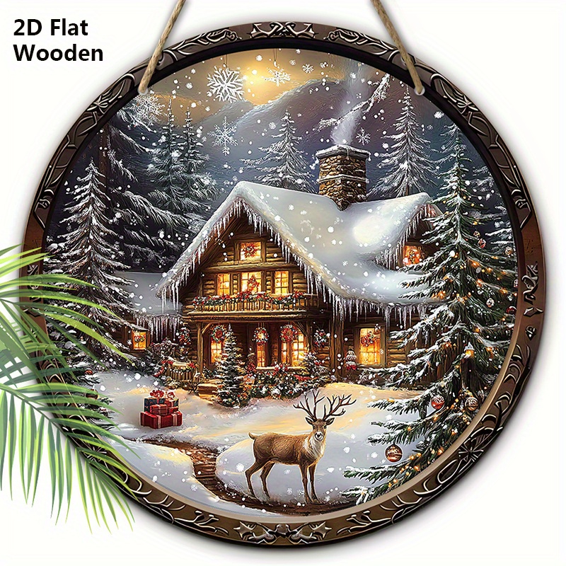 Image of 2d Flat - Round Wooden Sign Featuring A 2d Flat Design With An Elk And Pattern, Perfect For Winter And Christmas Decor, Suitable For Hanging On Doors Or Walls