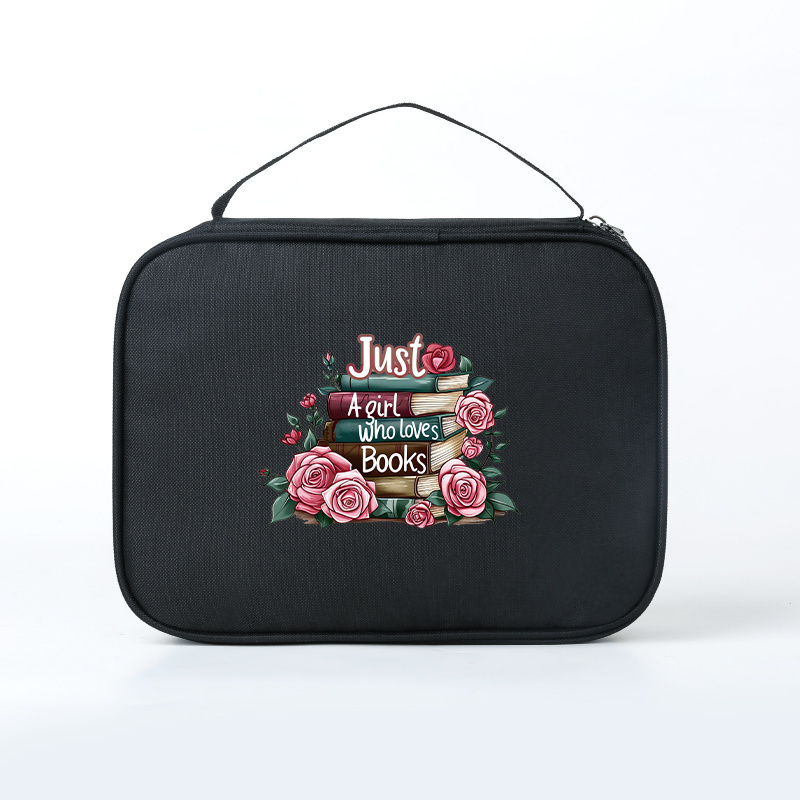 Image of 1pc Christmas Book Print Multifunctional Tote Bag, Large Capacity Organizer Pouch, Durable Zipper Book Protector, Suitable For Daily Use, Holiday Gift For Black Bag