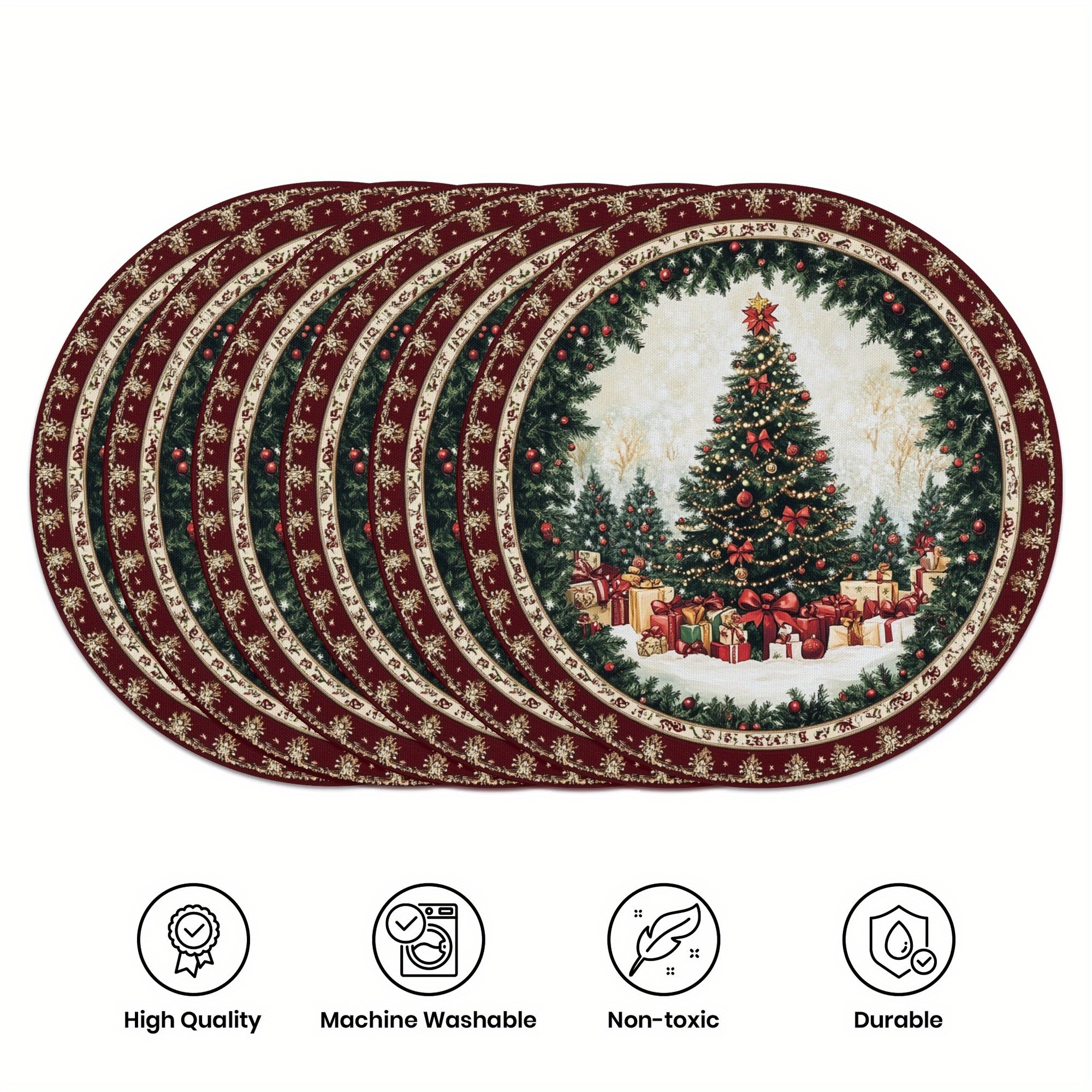 

6pcs Set, Winter Placemat -15 Inch Round, Christmas Wreath Pattern, Anti-slip And Heat-resistant, For Christmas Decorative Placemats, Holiday Dining And Furniture Decoration