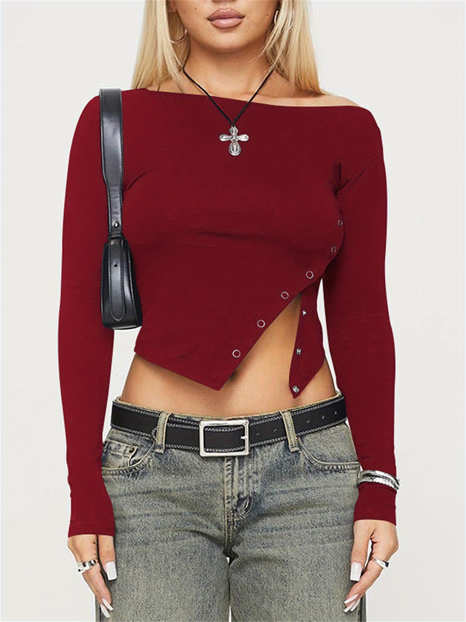 1pc Women'S Casual Asymmetrical Crop Top, Off-Shoulder Long Sleeve T-Shirt  with Button Details, Solid Color Polyamide Split Neck Tee for Spring/Summer