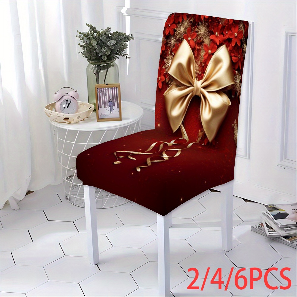 

Christmas Chair Covers Set Of 2/4/6, Red With And Print, Stretch Polyester Dining Seat Slipcovers, Band Slip-resistant, Easy Clean, Universal Fit For Living Room And Kitchen Chairs