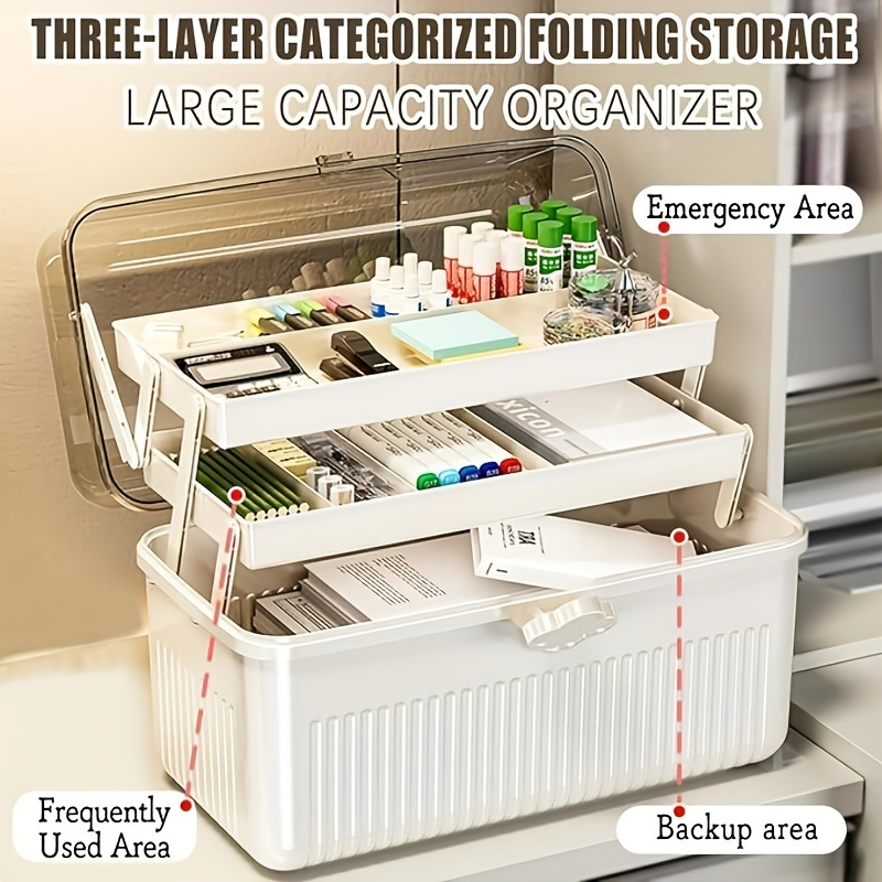 1pc Plastic Clear Folding Storage Box With Handle - Large Capacity Storage Container For Medicines, Cosmetics And Art Supplies