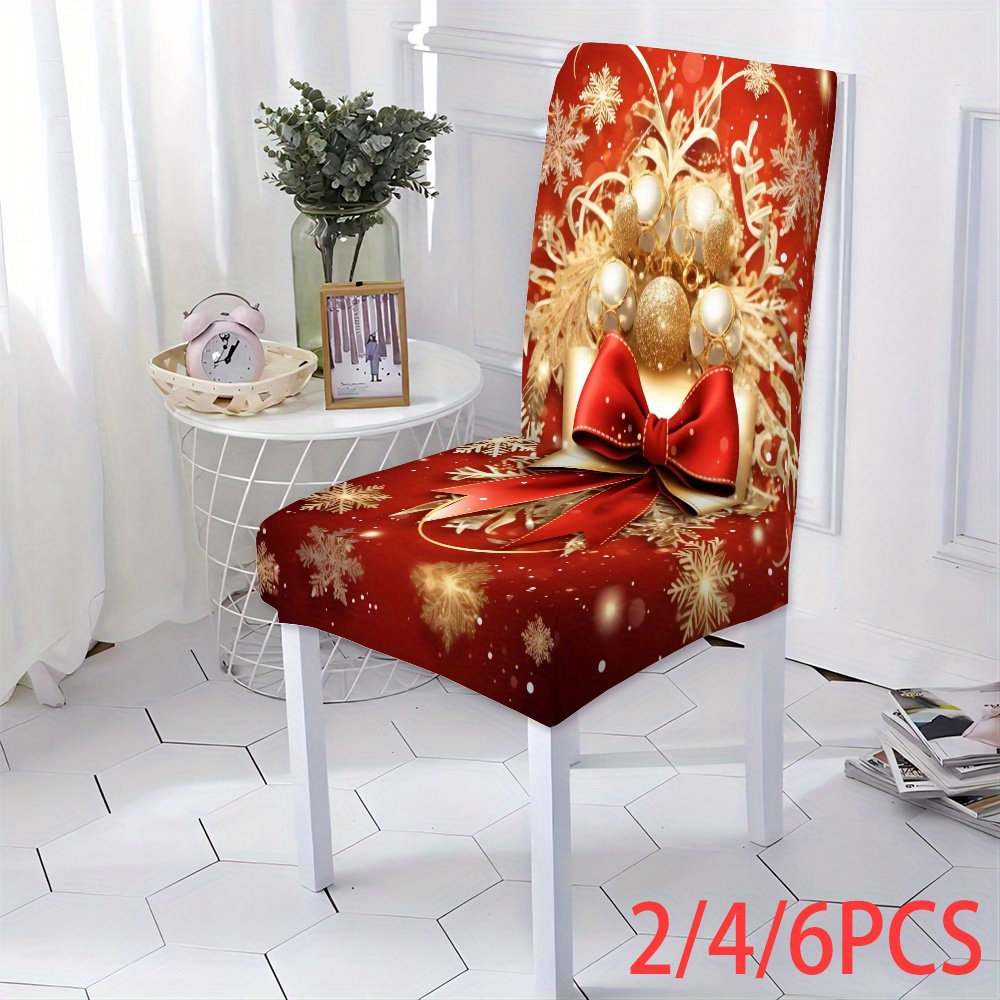 

2/4/6pcs Christmas Chair Covers, Red & Golden , Seat Covers, Polyester , , Straps, Machine Washable, For Living Room Kitchen Use