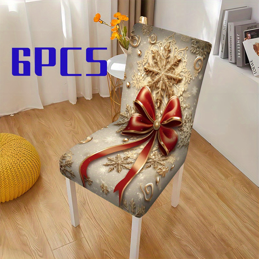 TEMU 2pcs/4pcs/6pcs, Christmas, White Background Red Ribbon Knot Print Style, Holiday Decoration Full Seat Cover, Dining Seat Cover, Suitable For