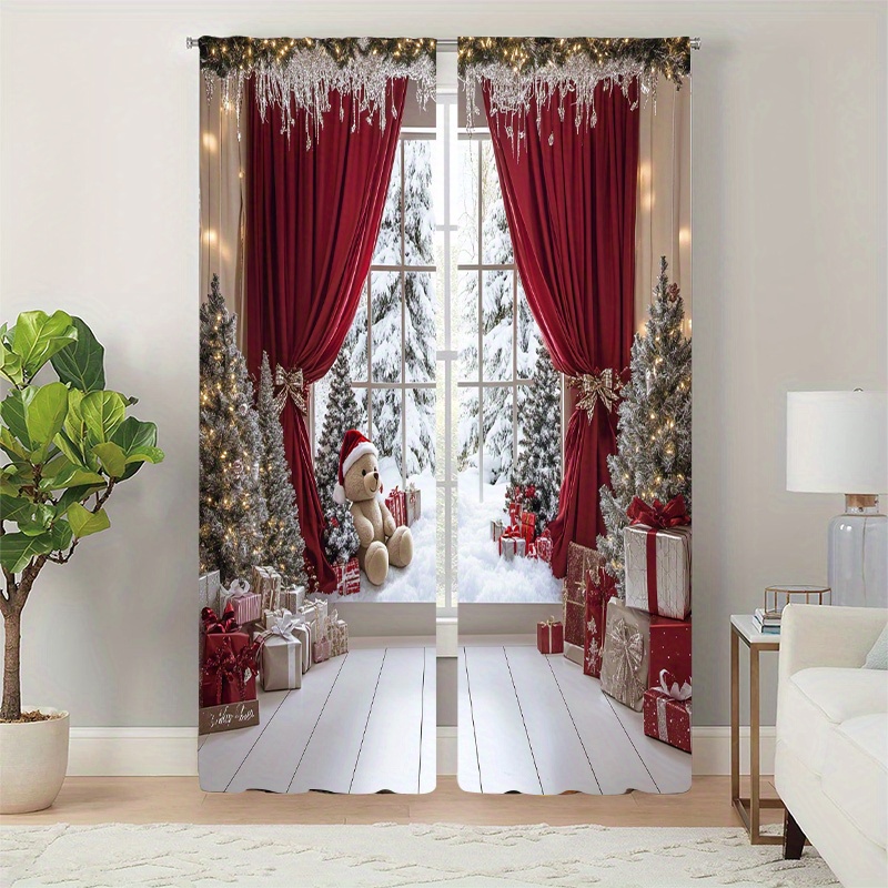 

2pcs Set Christmas Printed Curtains - Polyester , Rod For & Bedroom Decor
