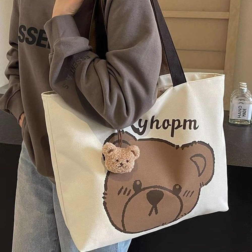 

Tote Bag With Cute Cartoon Design, Large Capacity Shoulder Bag For School And Work, Zipper Closure, Handwash/ Safe, Stylish Messenger Bag Accessory - Versatile Mixed Color