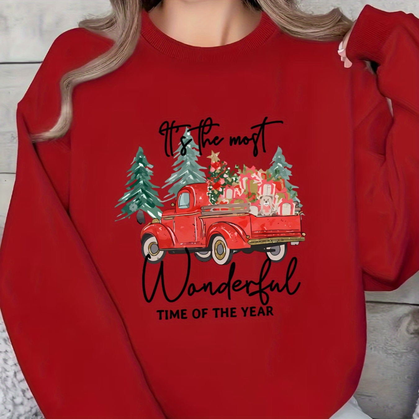 

's Christmas Sweatshirt, " The Time Of The Year" Truck , Knit Pullover , , Top For Adults